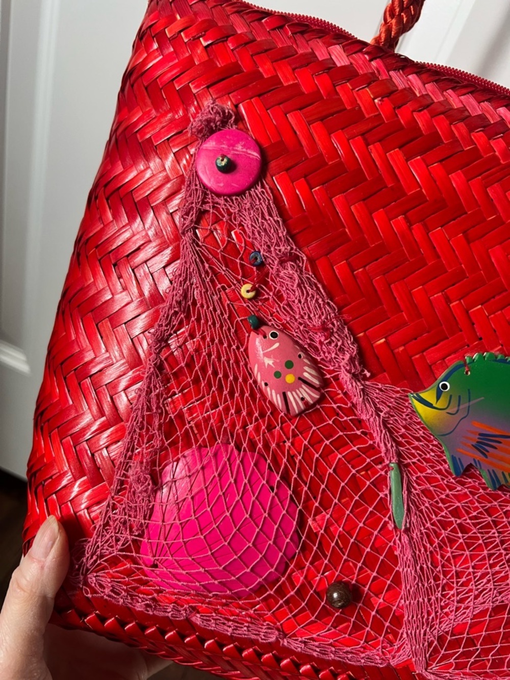 Vintage Red Woven Tote Bag with Decorative Fish and Shell Accents by Oggi Domani - Picture 2 of 14